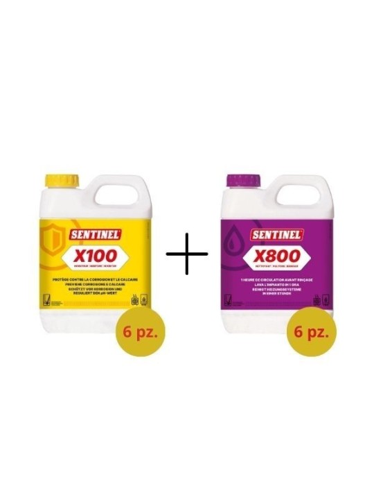 Sentinel Kit Lavaggio Caldaie Sentinel X100 Inibitore 1L 6 pezzi + Sentinel X800 Pulitore 1 Litro 6 pezzi
