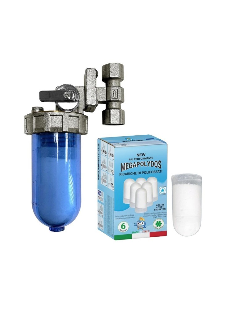 Megaclima Dosatore Proporzionale di Polifosfati  Attacchi 1/2"-1/2" Ruotabili + 6 Cartucce di Ricarica di Polifosfati
