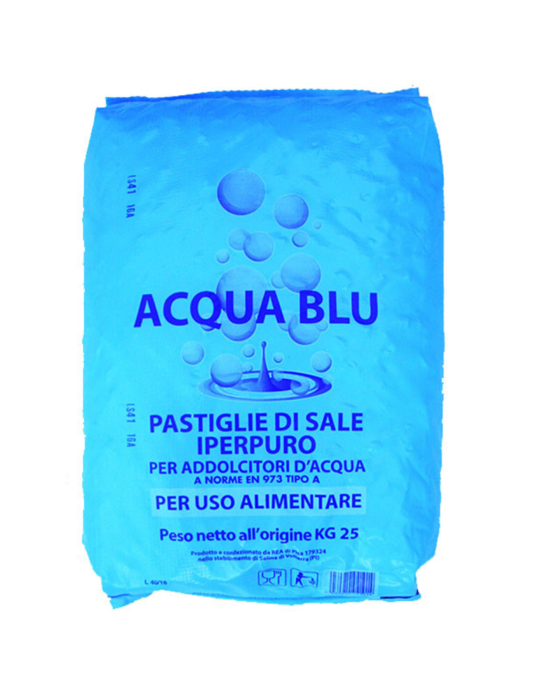 Paquet de 25 kg de sel, comprimés adoucisseurs d'eau bleus