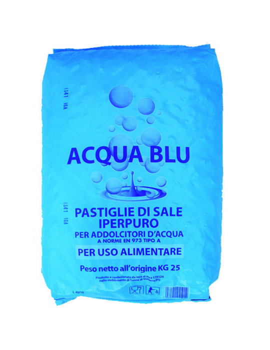 Paquet de 25 kg de sel, comprimés adoucisseurs d'eau bleus