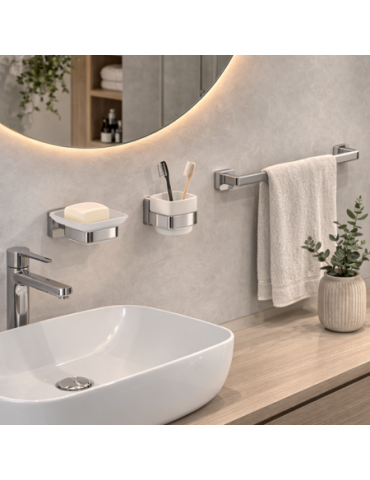 Ensemble De 3 Accessoires Muraux Gedy En Verre Satiné Et Acier Inoxydable Chromé, Collection Tonga Line