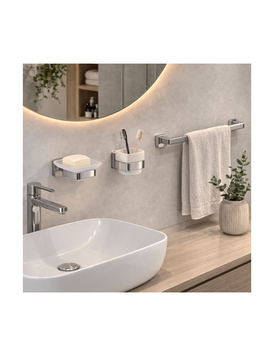 Ensemble De 3 Accessoires Muraux Gedy En Verre Satiné Et Acier Inoxydable Chromé, Collection Tonga Line