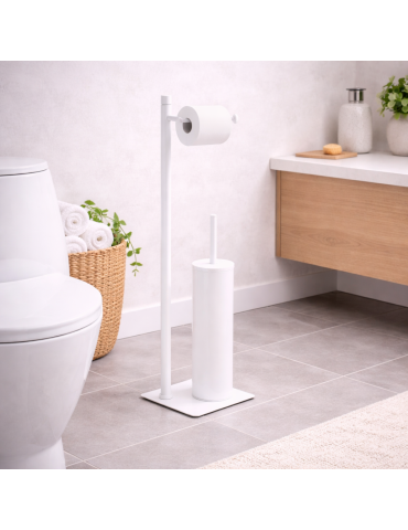 Porte-papier Toilette Sur Pied Et Brosse Wc Gedy En Acier Inoxydable Blanc Mat, Collection Trilly Line
