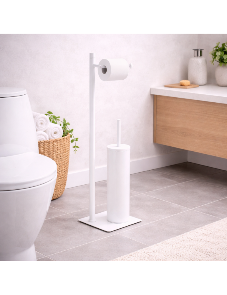 Porte-papier Toilette Sur Pied Et Brosse Wc Gedy En Acier Inoxydable Blanc Mat, Collection Trilly Line