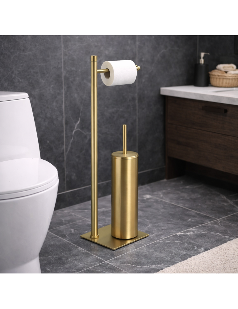 Porte-rouleau De Papier Toilette Et Brosse De Toilette Gedy Trilly Line En Acier Inoxydable Doré Brossé