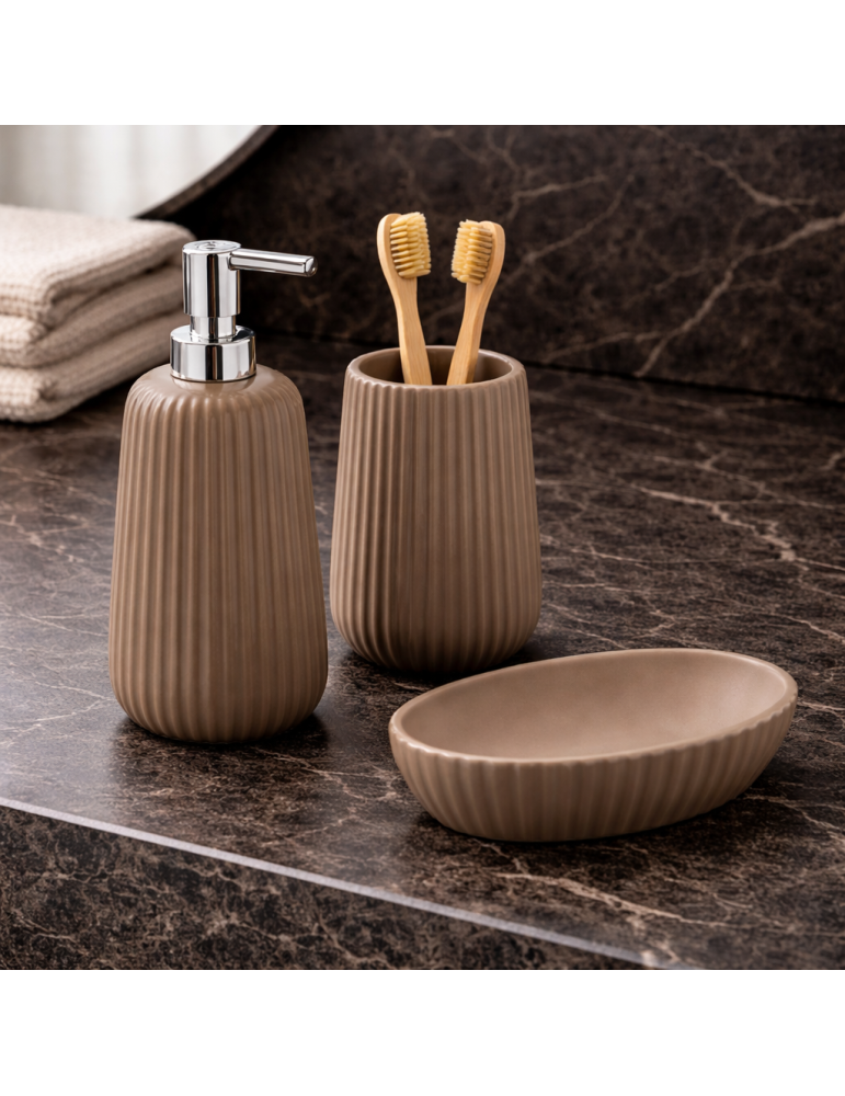 Ensemble De 3 Accessoires De Salle De Bain En Céramique Gedy, Gris Tourterelle, Collection Marika