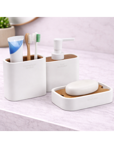 Ensemble De 3 Accessoires En Bambou Gedy, Blanc Mat, Gamme Ninfea