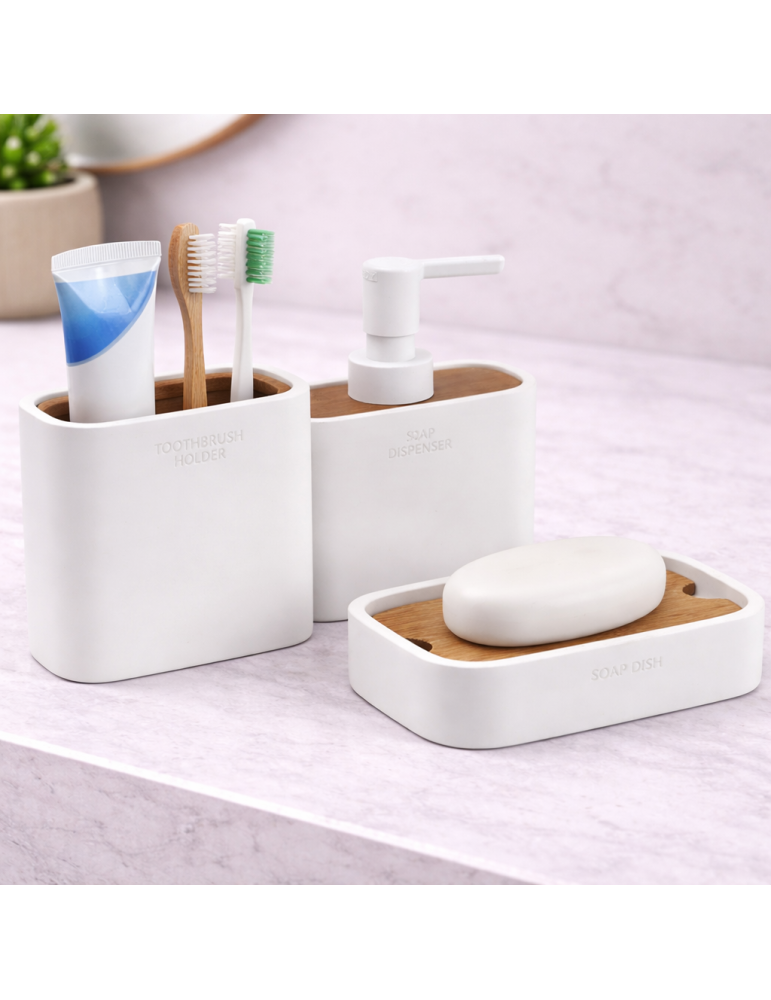 Ensemble De 3 Accessoires En Bambou Gedy, Blanc Mat, Gamme Ninfea