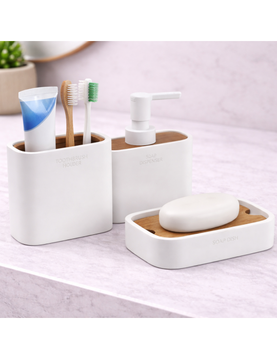 Ensemble De 3 Accessoires En Bambou Gedy, Blanc Mat, Gamme Ninfea