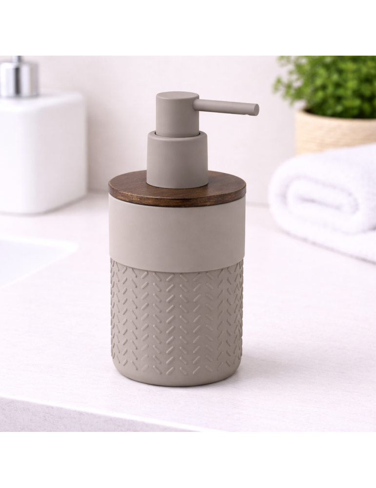 Distributeur De Savon Gedy En Bambou Et Résine, Gris, Collection Thea Line