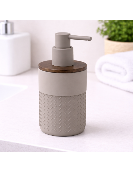 Distributeur De Savon Gedy En Bambou Et Résine, Gris, Collection Thea Line
