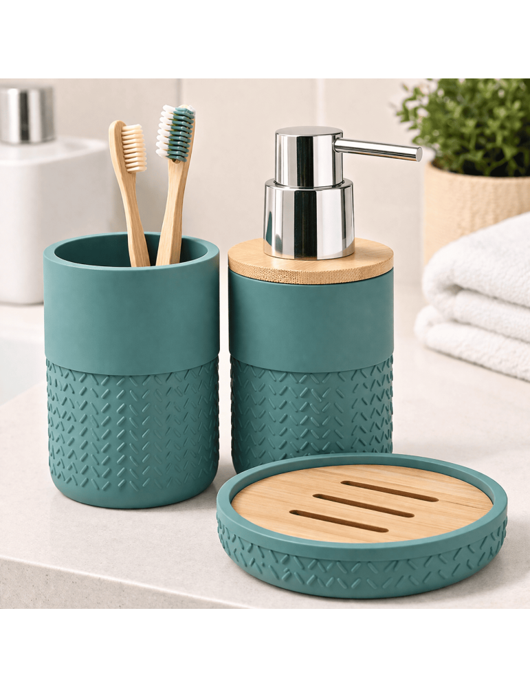 Ensemble De 3 Accessoires De Salle De Bain Gedy Thea Line En Bambou Et Résine Verte