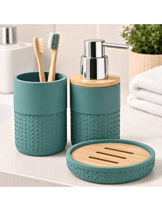 Ensemble De 3 Accessoires De Salle De Bain Gedy Thea Line En Bambou Et Résine Verte