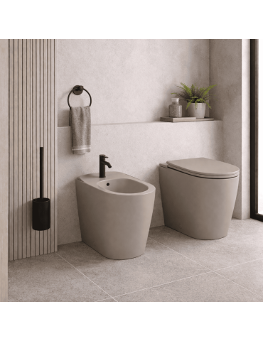 Ensemble Wc Et Bidet Sur Pied Azzurra Ceramica, Collection Comoda, Céramique Gris Tourterelle, Avec Abattant Inclus