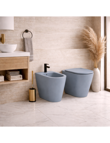 Ensemble Wc Et Bidet Sur Pied Azzurra Ceramica, Collection Forma, Céramique Bleu Royal, Avec Abattant Inclus