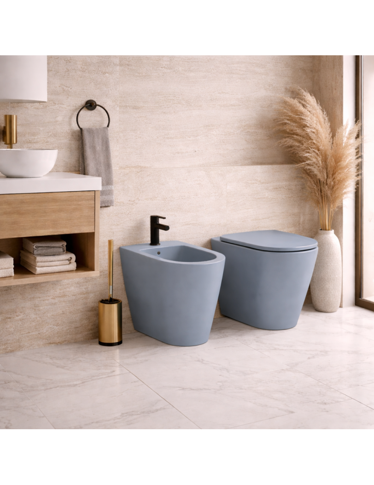Ensemble Wc Et Bidet Sur Pied Azzurra Ceramica, Collection Forma, Céramique Bleu Royal, Avec Abattant Inclus