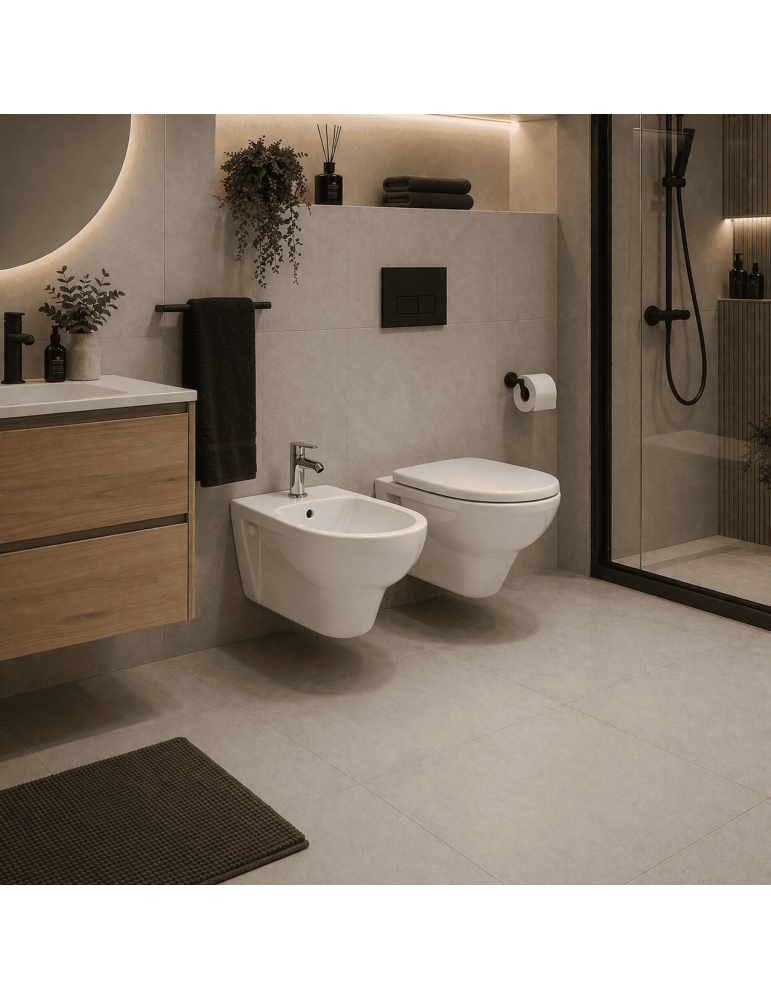 Ensemble Wc Suspendu Et Bidet Rak Ceramics Karla Blanc Avec Abattant Inclus