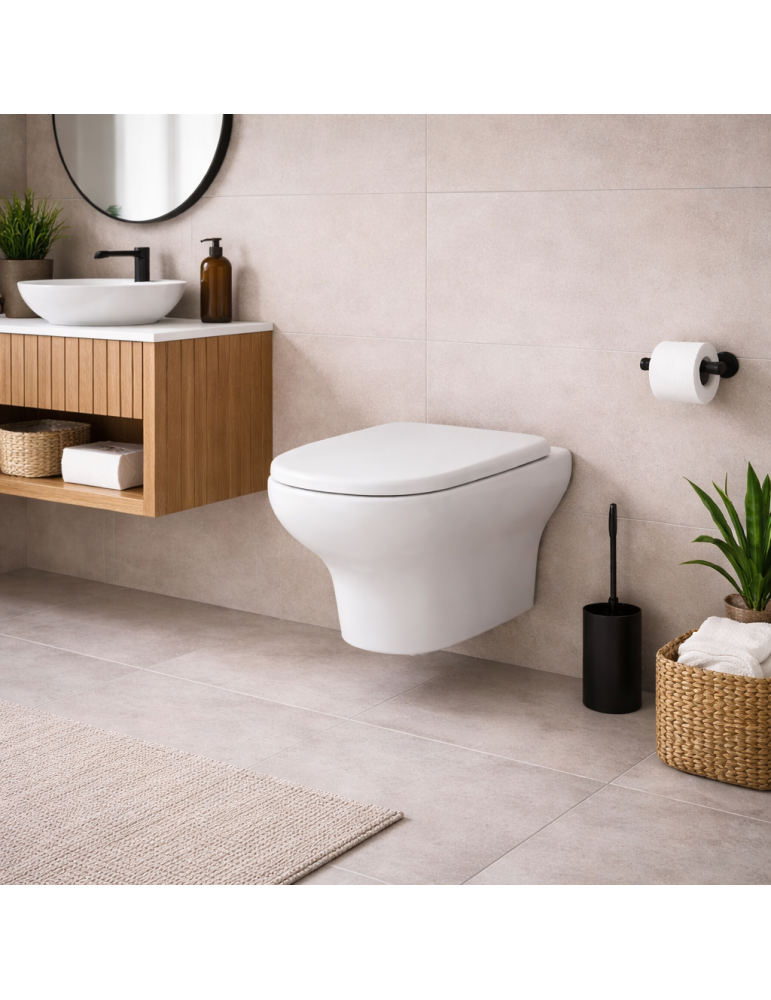 Wc Suspendu Compact Rak Ceramics En Céramique Blanche Avec Raccordement À 180°, Bonde Murale Et Abattant Inclus