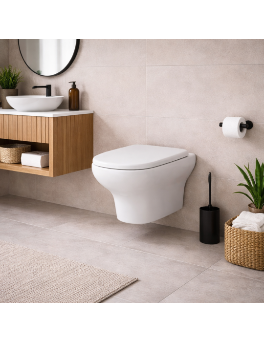 Wc Suspendu Compact Rak Ceramics En Céramique Blanche Avec Raccordement À 180°, Bonde Murale Et Abattant Inclus