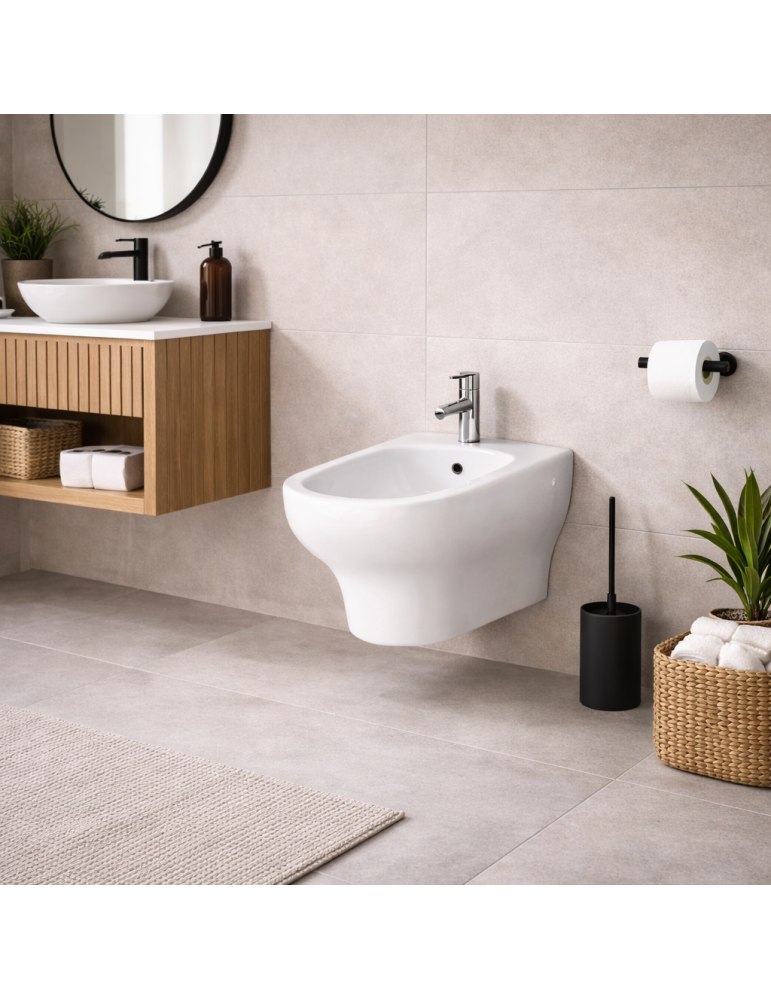 Bidet Mural Compact Rak Ceramics En Céramique Blanche Avec Raccord À 180° Et Bonde Murale
