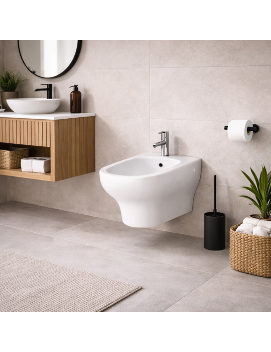 Bidet Mural Compact Rak Ceramics En Céramique Blanche Avec Raccord À 180° Et Bonde Murale