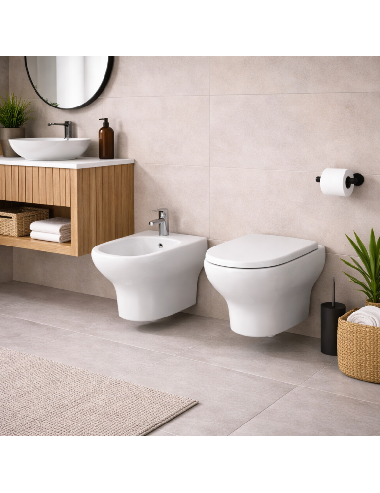 Wc Suspendu Compact Rak Ceramics Avec Bidet Intégré, Blanc, Abattant Inclus.
