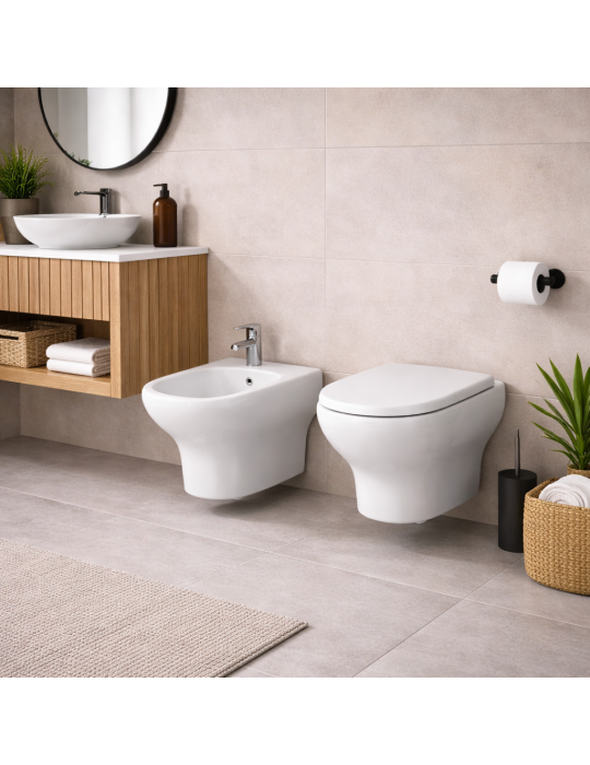 Wc Suspendu Compact Rak Ceramics Avec Bidet Intégré, Blanc, Abattant Inclus.