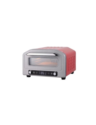 Four à pizza multifonction rouge avec fonction friteuse à air chaud, pierre réfractaire et grill, 1700 W, 17 litres
