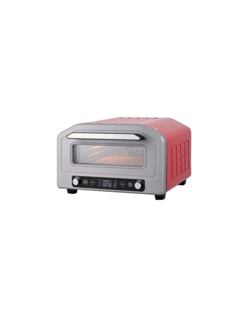 Four à pizza multifonction rouge avec fonction friteuse à air chaud, pierre réfractaire et grill, 1700 W, 17 litres