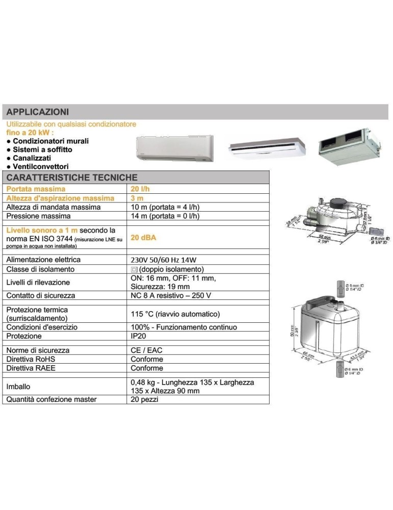 Sauermann Mini-pompa SI-27 per climatizzatori fino a 20kW scarico condensa dettagli tecnici