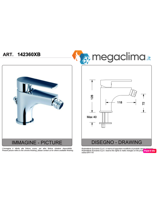 Eurorama Miscelatore Bidet Serie KLINT 142360XB con scarico 1"1/4 disegni tecnici
