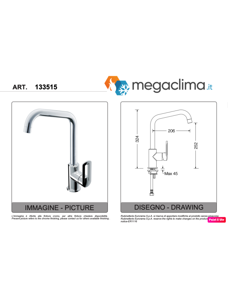 Eurorama Miscelatore Lavello Serie NEVA 133515 disegno tecnico