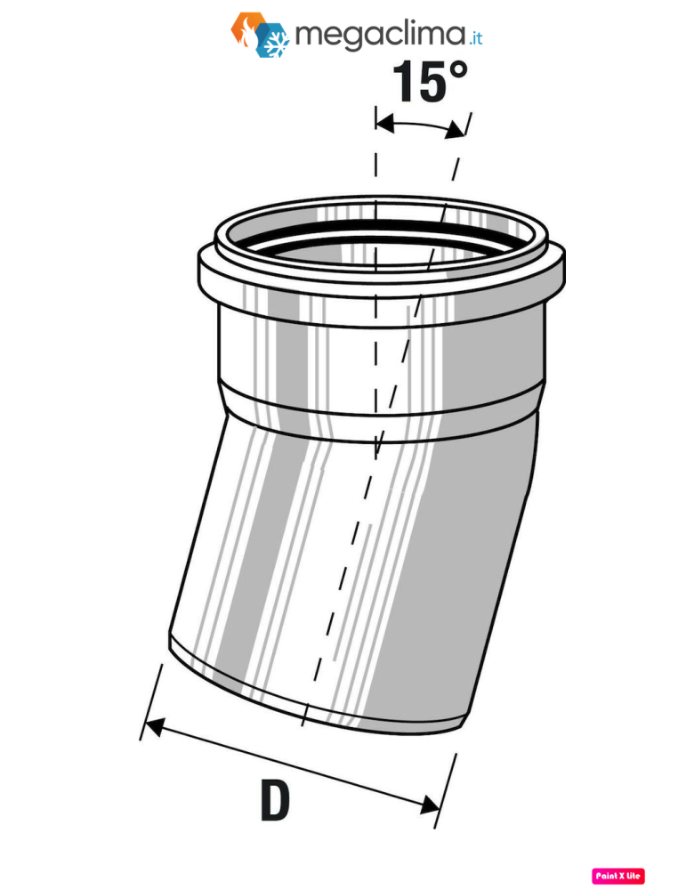 Curva 15° polipropilene diametro 40 mm Innesto disegno tecnico