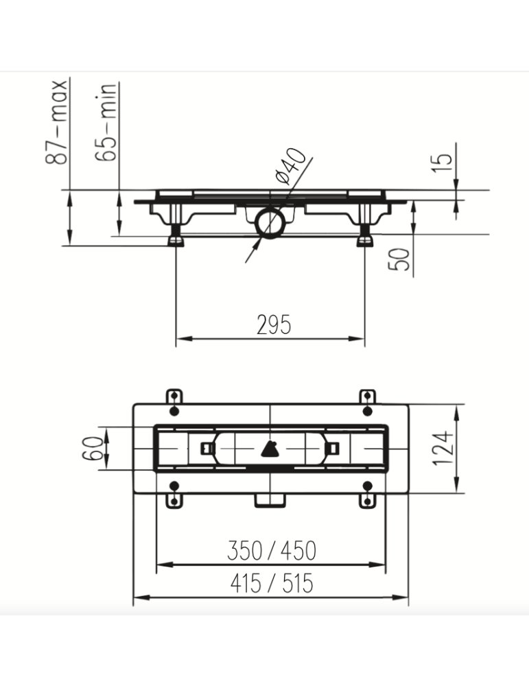 Scarico doccia LIV Telaio in plastica griglia STANDARD / CUSTOM 450 mm disegno tecnico