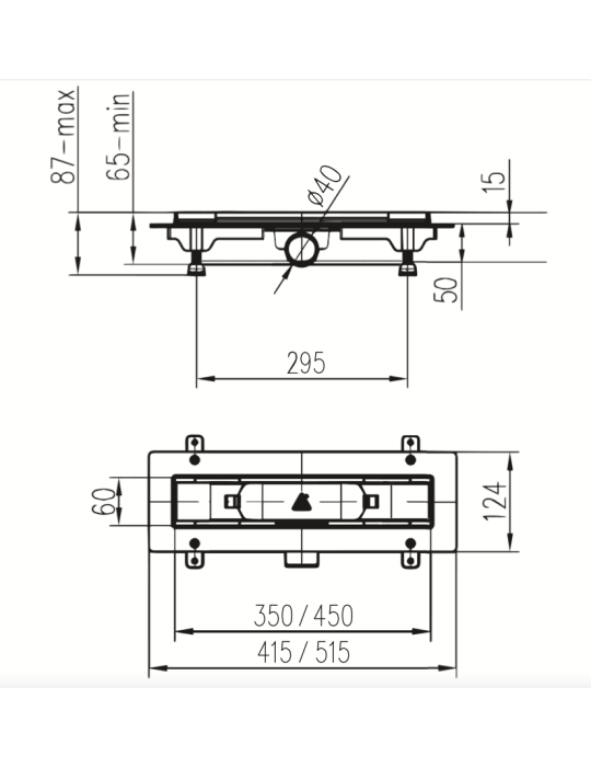 Scarico doccia LIV Telaio in plastica griglia STANDARD / CUSTOM 450 mm disegno tecnico