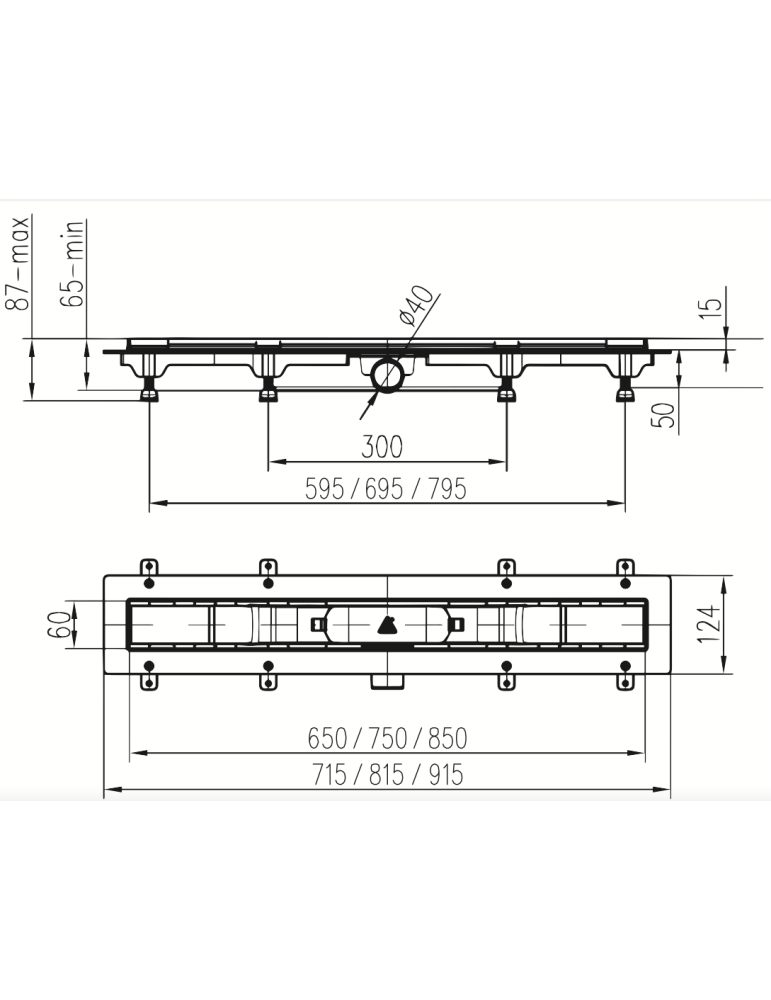Scarico doccia LIV Telaio in plastica griglia STANDARD / CUSTOM 650 mm disegno tecnico