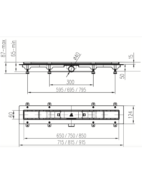 Scarico doccia LIV Telaio in plastica griglia STANDARD / CUSTOM 650 mm disegno tecnico