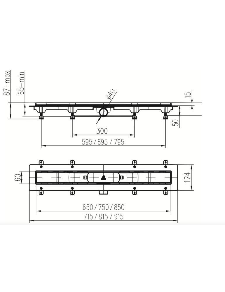 Scarico doccia LIV Telaio in plastica griglia STANDARD / CUSTOM 750 mm disegno tecnico