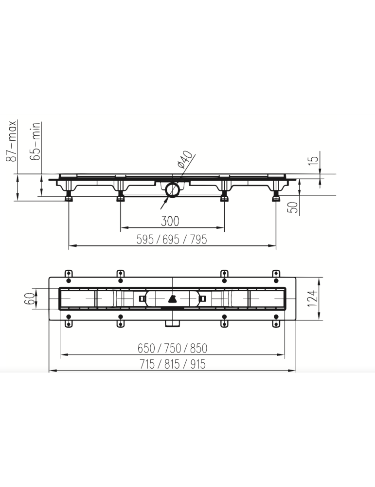 Scarico doccia LIV Telaio in plastica griglia STANDARD / CUSTOM 850 mm disegno tecnico