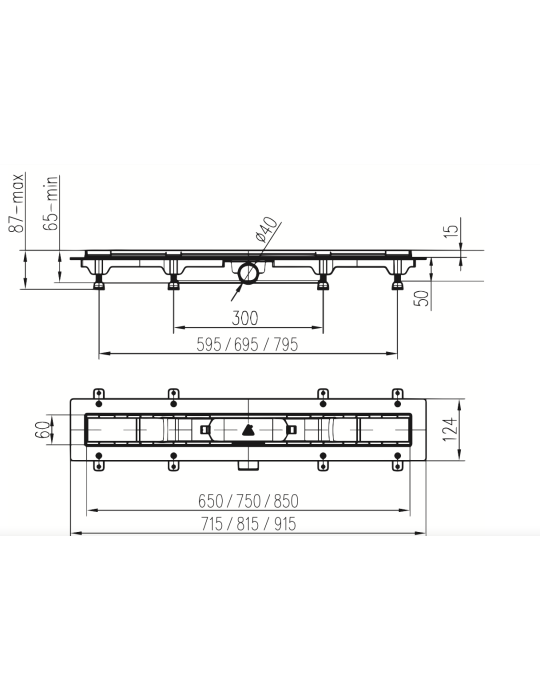 Scarico doccia LIV Telaio in plastica griglia STANDARD / CUSTOM 850 mm disegno tecnico