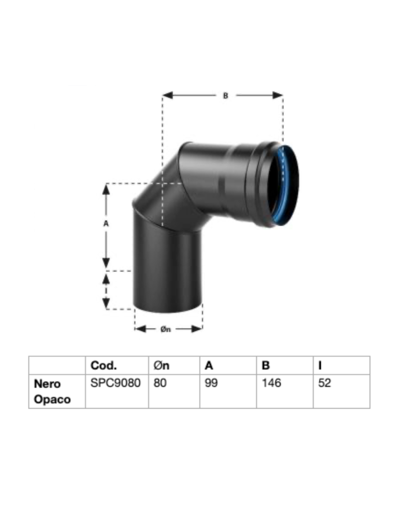 Curva nero opaco per stufa a pellet in acciaio spessore 1,2 mm. 90° Ø80