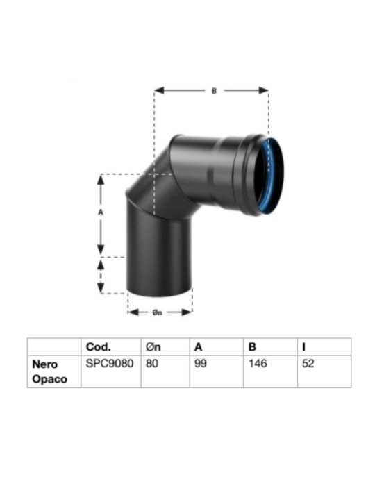 Curva nero opaco per stufa a pellet in acciaio spessore 1,2 mm. 90° Ø80