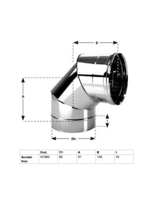 Curva Canna Fumaria In Acciaio Inox Aisi 304 BA Spessore 0,44 mm. 90°. Ø80