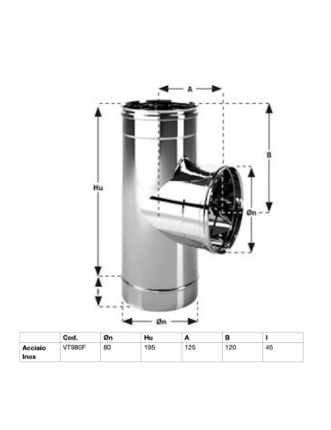 TEE  Canna Fumaria In Acciaio Inox Aisi 304 BA Spessore 0,44 mm. F/F/M . Ø80