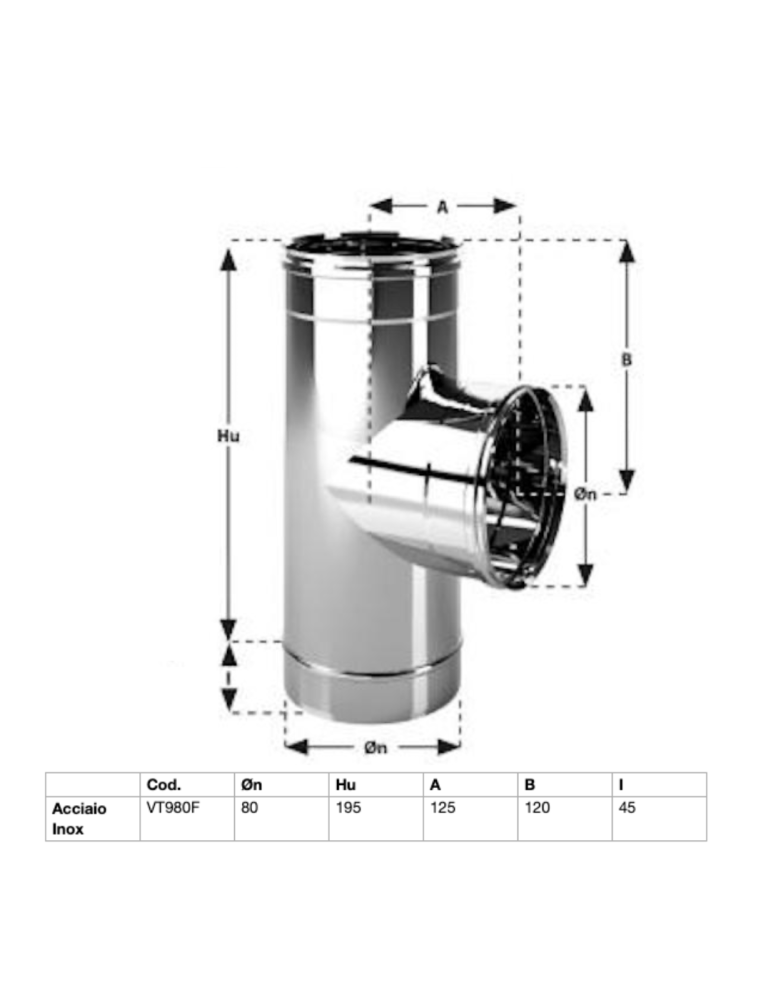 TEE  Canna Fumaria In Acciaio Inox Aisi 304 BA Spessore 0,44 mm. F/F/M . Ø80