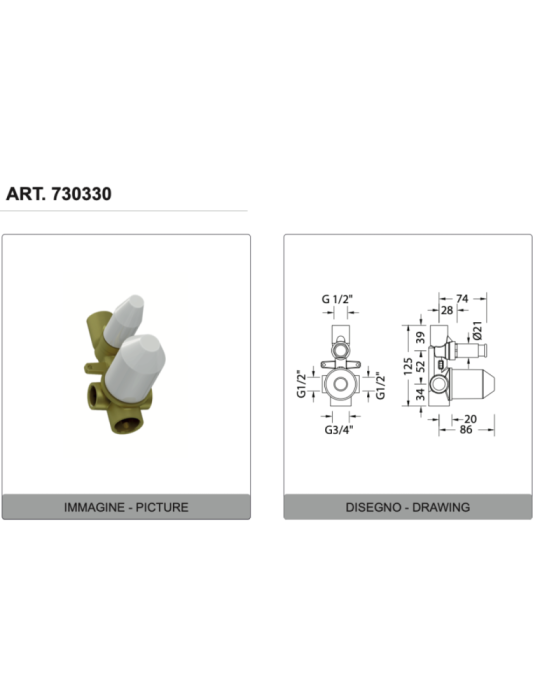 Eurorama Miscelatore Doccia Incasso Con Deviatore 2 Uscite Serie NEVA PE133030 + 730330 disegno tecnico
