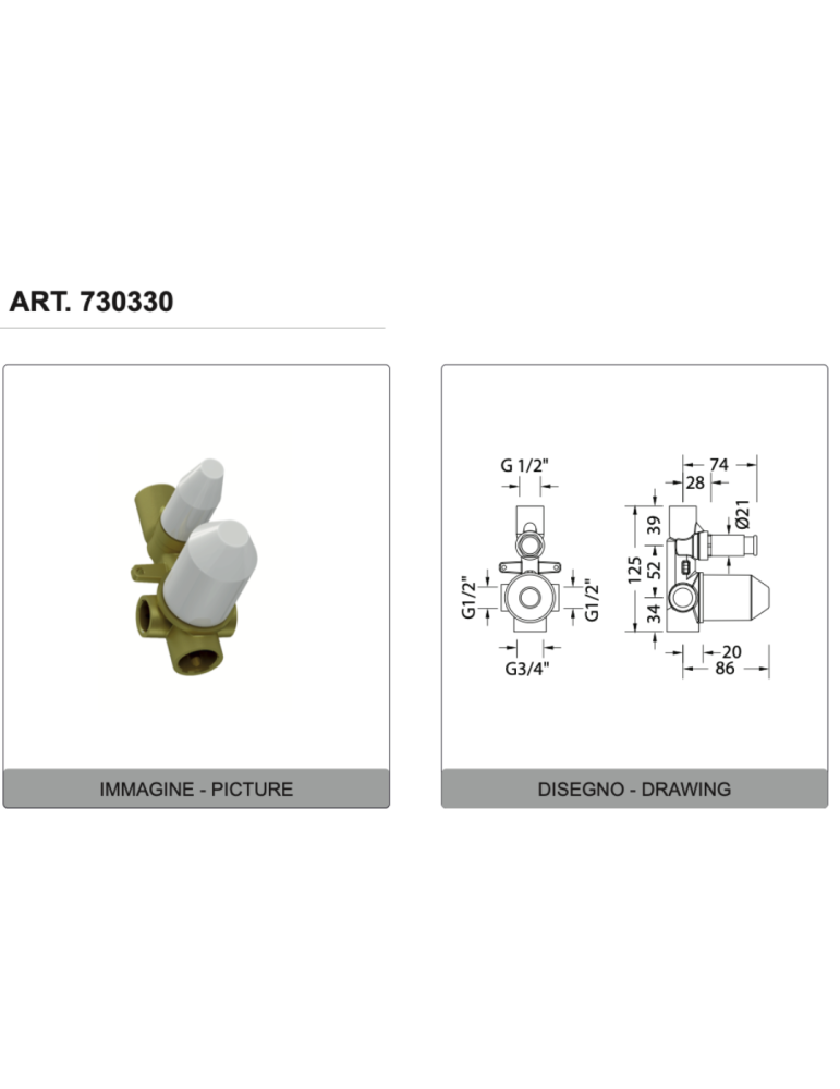 Eurorama Miscelatore Doccia Incasso Con Deviatore 2 Uscite Serie CHARMA PE148030 + 730330 disegno tecnico