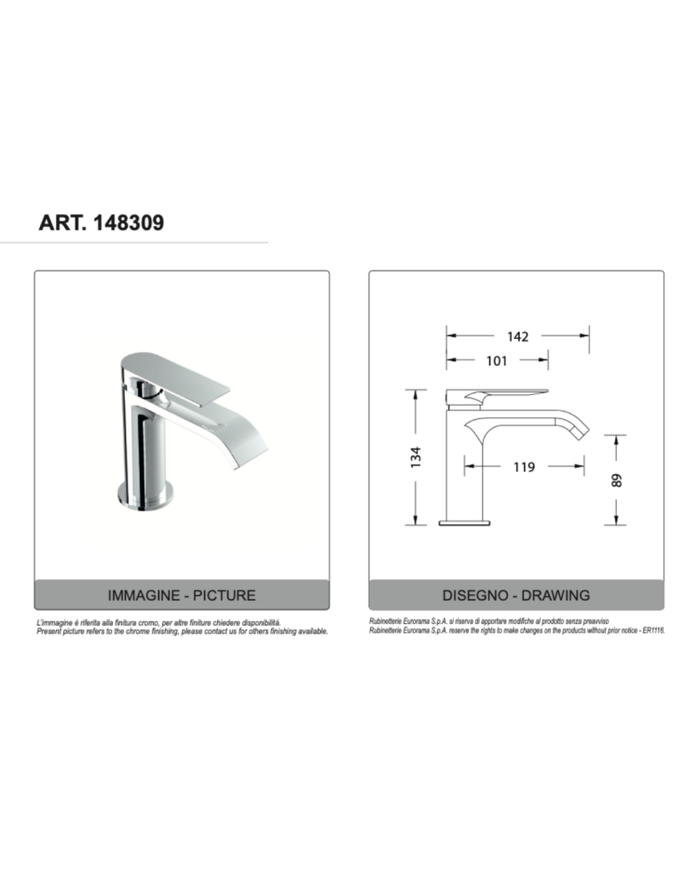 Eurorama Miscelatore Lavabo Serie CHARMA 148309 con scarico 1"1/4 CLICK CLACK disegno tecnico