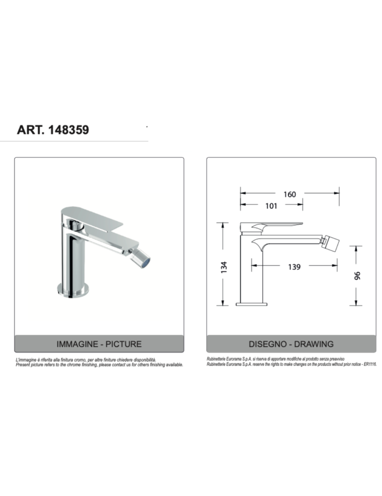 Eurorama Miscelatore Bidet Serie CHARMA 148359 con scarico 1"1/4 CLICK CLACK disegno tecnico