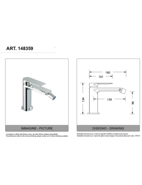 Eurorama Miscelatore Bidet Serie CHARMA 148359 con scarico 1"1/4 CLICK CLACK disegno tecnico
